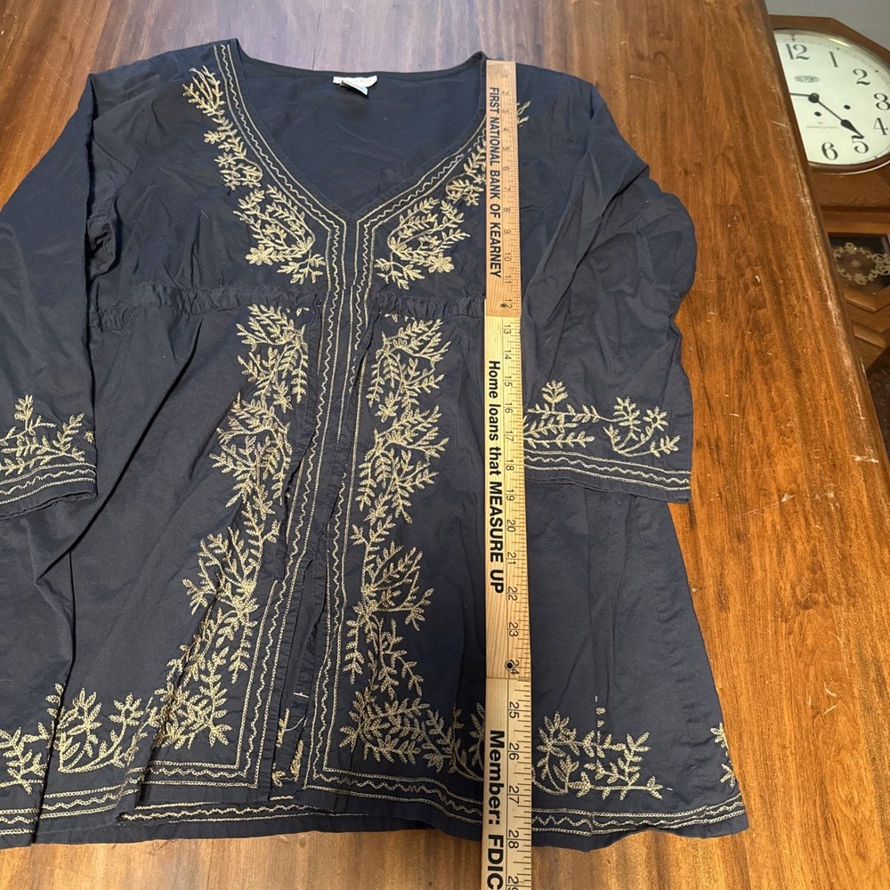 Women's Monroe and Main Blouse Gray Gold Embroidered Draw Waist Size XL Boho - Picture 3 of 6